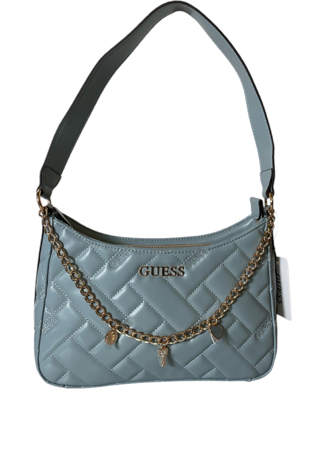 Bolsa GUESS Azul con Cadena y Dijes - Estilo Glam Chic